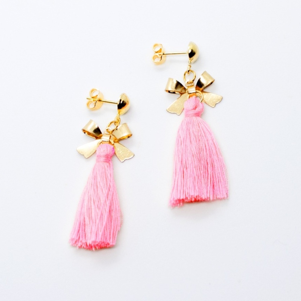 Handmade Pink Gold Bow Charm Fringe Earrings